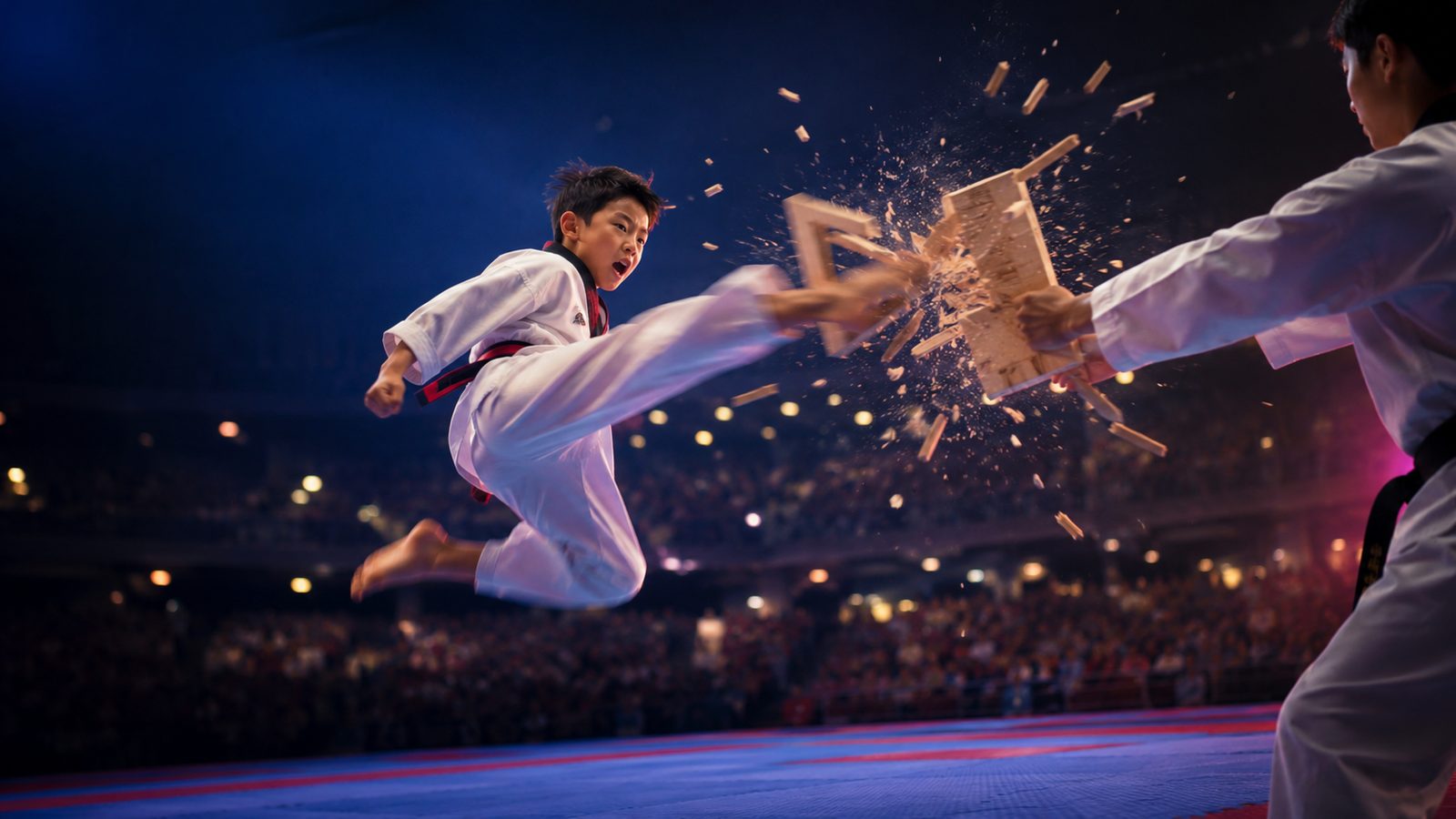 Võ sinh nhí Taekwondo tung đòn đá vỡ tấm đích trên sàn thi đấu